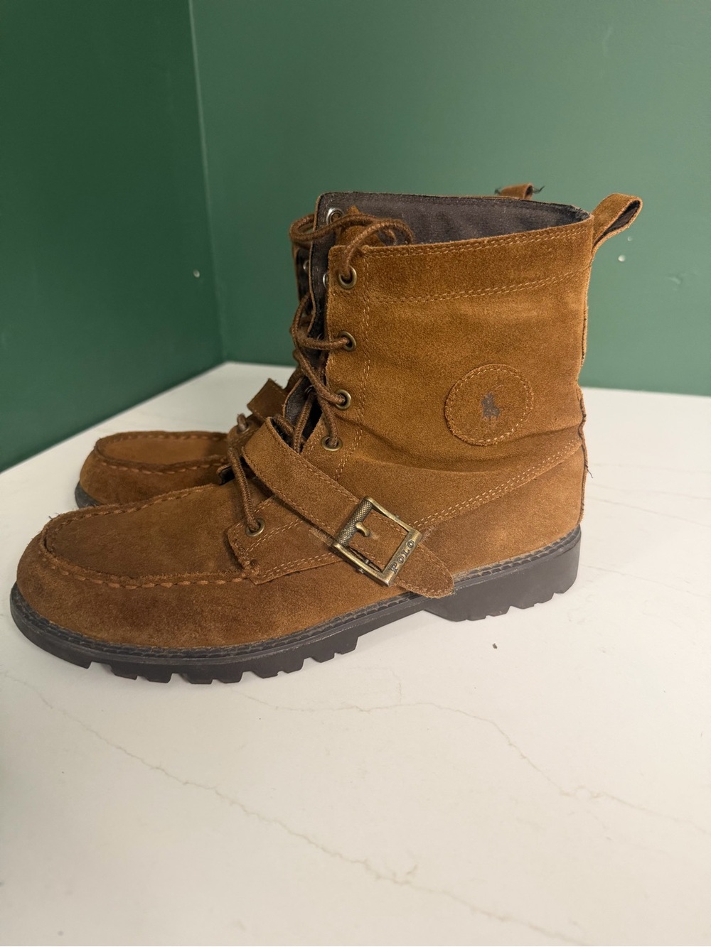 UNisex Polo Ralph Lauren Brown Suede Lace-Up Buckle Boots for Fall. Vintage. 9.5